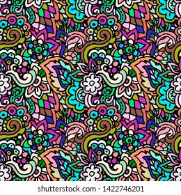 Vector hand drawn line seamless illustration of abstract colored flower and leaves. Grunge floral natural decoration textile design
