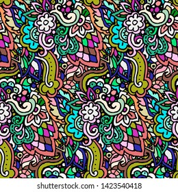 Vector hand drawn line seamless illustration of abstract colored flower and leaves. Grunge floral natural decoration textile design