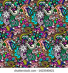 Vector hand drawn line seamless illustration of abstract colored flower and leaves. Grunge floral natural decoration textile design