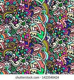 Vector hand drawn line seamless illustration of abstract colored flower and leaves. Grunge floral natural decoration textile design