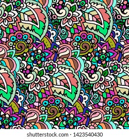 Vector hand drawn line seamless illustration of abstract colored flower and leaves. Grunge floral natural decoration textile design