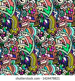 Vector hand drawn line seamless illustration of abstract colored flower and leaves. Grunge floral natural decoration textile design