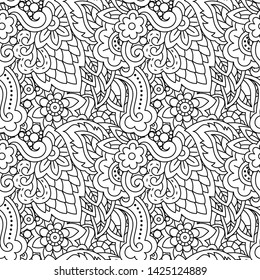 Vector hand drawn line seamless illustration of abstract colored flower and leaves. Floral natural decoration textile design