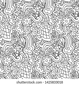 Vector hand drawn line seamless illustration of abstract colored flower and leaves. Floral natural decoration textile design
