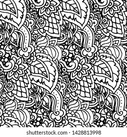 Vector hand drawn line seamless illustration of abstract colored flower and leaves. Grunge floral natural decoration textile design