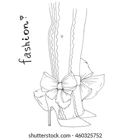 Vector hand drawn line of sexy female legs in fashionable high heels shoes with a bow. Fashion illustration. Isolated on white background