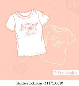 Vector hand drawn line t-shirt template. Two birds flying around the shining rose and the inscription Love inspires.