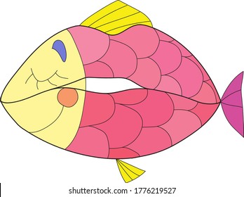 Vector hand drawn linear art. mouth, fish, strange - inspiring picture Colorful surreal painting.  Illustration for t-shirt, design.