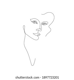 Vector hand drawn linear art, woman face, continuous line, fashion concept, feminine beauty minimalist. Print, illustration for t-shirt, design, logo for cosmetics, etc.