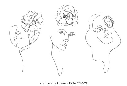 Vector hand drawn linear art, woman faces with flower, continuous line, fashion concept, feminine beauty minimalist. Print, illustration for t-shirt, design, logo for cosmetics, etc.