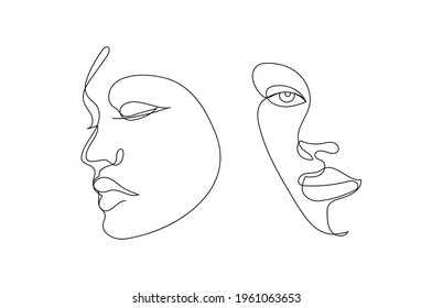 Vector hand drawn linear art, women faces, continuous line, fashion concept, feminine beauty minimalist. Print, illustration for t-shirt, design, logo for cosmetics, etc.