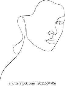 Vector hand drawn linear art, woman face, continuous line, fashion concept, feminine beauty minimalist. Print, illustration for t-shirt, design, logo for cosmetics, etc.