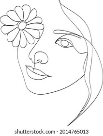 Vector hand drawn linear art, woman face, continuous line, fashion concept, feminine beauty minimalist. Print, illustration for t-shirt, design, logo for cosmetics, etc.