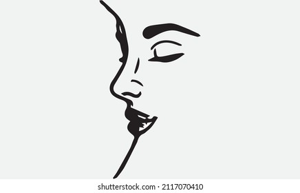 Vector hand drawn linear art, woman face, continuous line, fashion concept, feminine beauty minimalist. Print, illustration for t-shirt, design for cosmetics, etc.