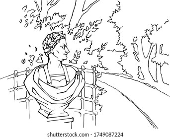 Vector hand drawn linear black and white sketch of one place of Letniy sad (Summer garden ) in Saint-Petrersburg, Russia. Trees and sculpture bust of ancient man.