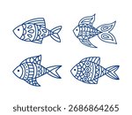 Vector hand drawn linear fish collection isolated on white. Coloring page for kids