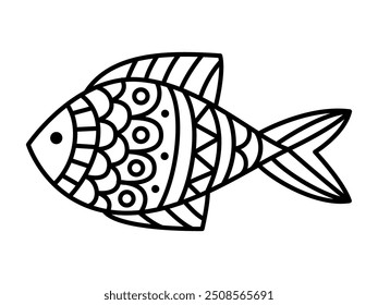 Peces lineales dibujados a mano de Vector aislados sobre fondo blanco. Dibujo de vida silvestre para colorear para niños