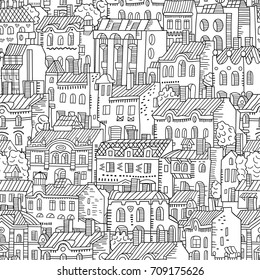 Vector hand drawn linear houses seamless pattern. Cartoon buildings background