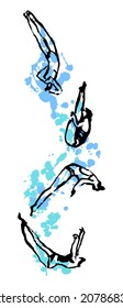 Vector hand drawn linear illustration with Athletes performing Acrobatic Actions, Poses when Jumping into the Water. Concept Professional and Amateur Sports in Diving, Summer Games, Competitions. Set.