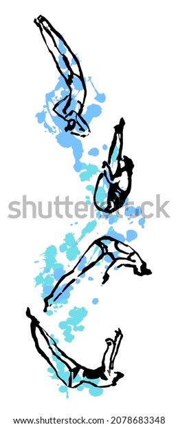Vector hand drawn linear illustration with Athletes
performing Acrobatic Actions, Poses when Jumping into the Water.
Concept Professional and Amateur Sports in Diving, Summer Games,
Competitions. Set.