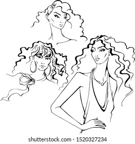 Vector hand drawn linear sketch of beaytiful young women with long wavy hair. Isolated on white elements for decor beauty salon , fashion shop