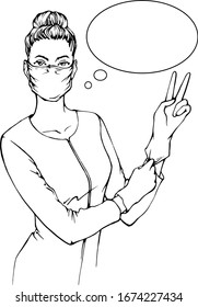 Vector hand drawn linear sketch of woman doctor or nurse in medicine mask and gloves. Speech bubble. Line art. Black and white illustration about virus protection, treatment or cosmetology procedure.
