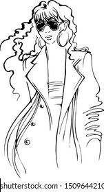 Vector hand drawn linear  young woman wearing  trnch coat and scarf . Fashion illustration. Model. Girl.  