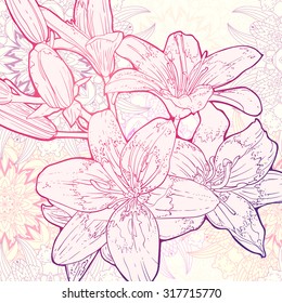 Vector hand drawn lineart illustration of Lily flowers on mandala background
