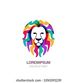 Vector hand drawn lion head logo icon or emblem design template. Creative illustration of animal colorful head isolated on white background.