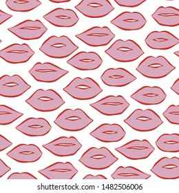 Vector hand drawn lips seamless pattern. Red and pink colorblock abstract fashion background. Beauty salon feminine wallpaper design.