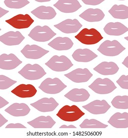 Vector hand drawn lips seamless pattern. Red and pink abstract fashion background. Beauty and gender illustration.