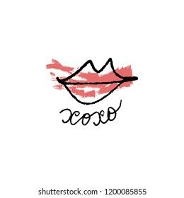 Vector hand drawn lips symbol, logo element template. Simple minimal lines style. Pastel colors makeup, brush strokes. Hugs and kisses handwritten text. Good for postard, poster, greeting card