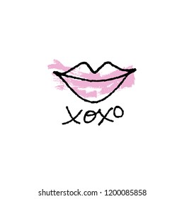 Vector hand drawn lips symbol, logo element template. Simple minimal lines style. Pastel colors makeup, brush strokes. Hugs and kisses handwritten text. Good for postard, poster, greeting card