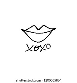 Símbolo de labios dibujados a mano vectorial, plantilla de elemento logo. Estilo de líneas minimalista simple. Abrazos y besos texto escrito a mano