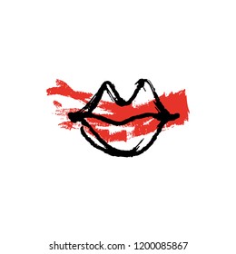 Vector hand drawn lips symbol, logo element template. Simple minimal lines style. Red lipstick makeup, brush strokes. Good for romantic Valentine postard, poster, greeting card