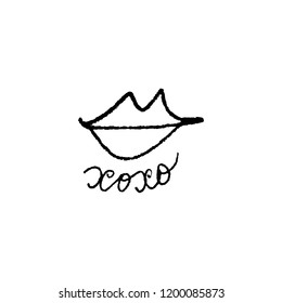 Vector hand drawn lips symbol, logo element template. Simple minimal lines style. Hugs and kisses handwritten text