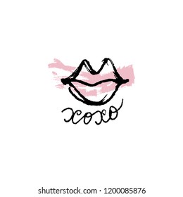 Vector hand drawn lips symbol, logo element template. Simple minimal lines style. Pastel colors makeup, brush strokes. Hugs and kisses handwritten text. Good for postard, poster, greeting card