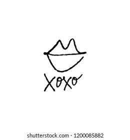 Vector hand drawn lips symbol, logo element template. Simple minimal lines style. Hugs and kisses handwritten text