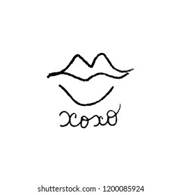 Vector hand drawn lips symbol, logo element template. Simple minimal lines style. Hugs and kisses handwritten text
