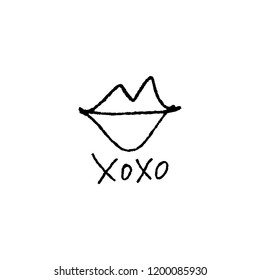 Vector hand drawn lips symbol, logo element template. Simple minimal lines style. Hugs and kisses handwritten text