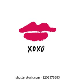 Vector hand drawn lips symbol, logo element template. Simple minimal lines style. Pink color makeup, brush strokes. Hugs and kisses handwritten text. Good for postard, poster, greeting card