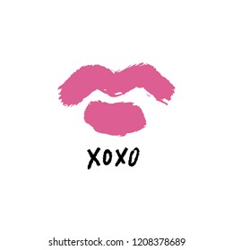 Vector hand drawn lips symbol, logo element template. Simple minimal lines style. Pink color makeup, brush strokes. Hugs and kisses handwritten text. Good for postard, poster, greeting card