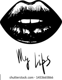 Vector hand drawn lips symbol, logo element template. Simple minimal lines style. black white