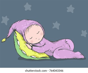 Vector hand drawn little sleeping baby on the pillow 
