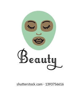 Vector hand drawn logo. A black skin woman caring for her face, with a cosmetic clay mask. Great template for beauty salon or spa studio identity