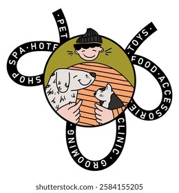Vector hand drawn logo concept. Portrait of a smiling man with a dog and a cat in a circle and a trending banner with a list of services isolated on a white background