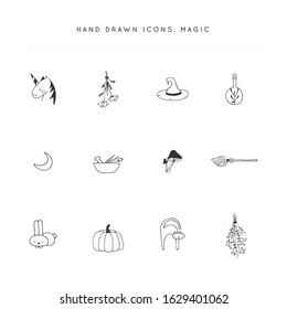 Vector hand drawn logo elements. Set of isolated icons. Magic and fairy tales theme. For business identity and branding, For magic performances, magicians and illusionists. 