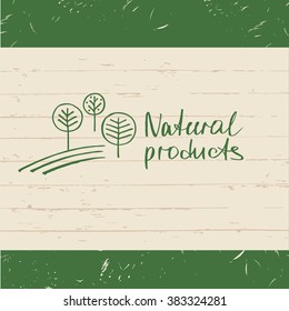Vector hand drawn logo fresh farm. Lettering logo agriculture and farm. Sketch of rural landscape with trees.