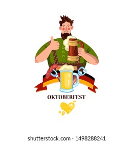 Vector hand drawn logo with happy Bavarian man with beard holding mug of beer. Flat style illustration with German flag, glass, opener, sausage. Isolated on white.