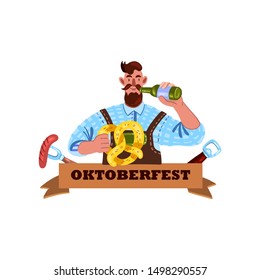 Vector hand drawn logo with happy man with beard in traditional German costume holding bottle of beer and pretzel. Flat style illustration with flag, sausage, opener and stripe. Isolated on white.